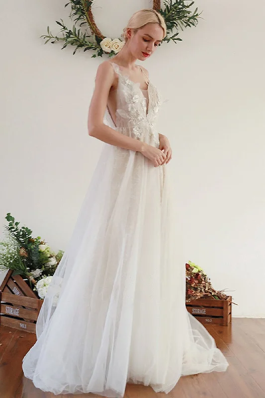 A-Line Sweep-Brush Train Lace Tulle Wedding Dress CW3046 Crystal Wedding Dress