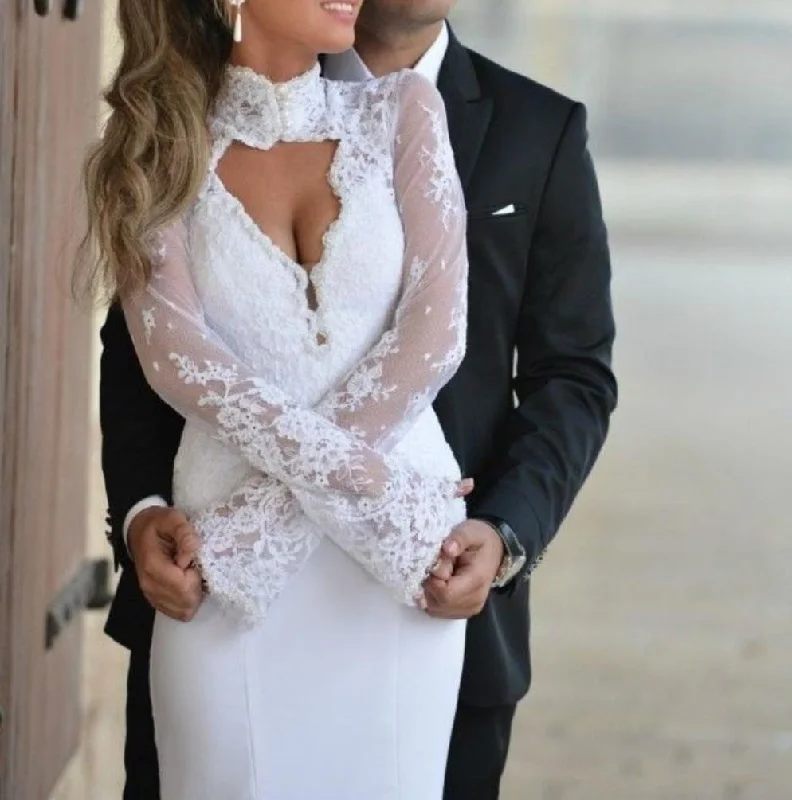 Long Sleeves Satin and Lace Mermaid Wedding Dress at Bling Brides Bouquet online Bridal Store Sparkling Bridal Gown