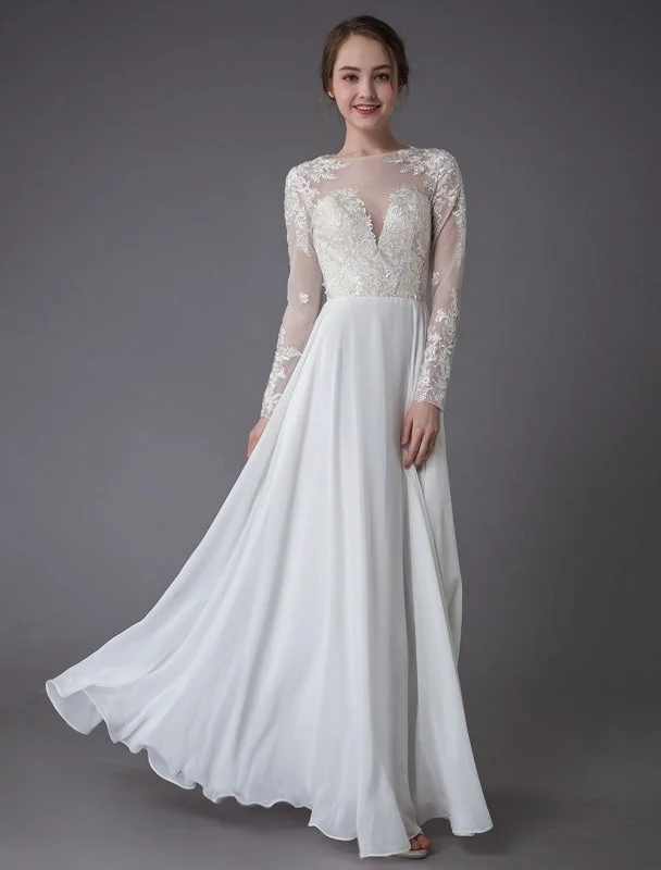 Boho Wedding Dresses Chiffon Jewel Long Sleeve Pleated A Line Beach Bridal Gowns Exclusive Simple Wedding Gown