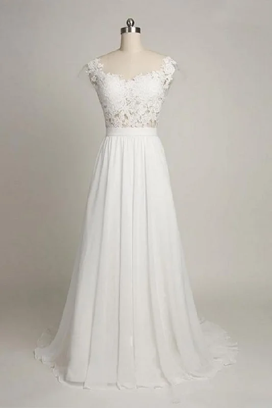 Cap Sleeves Sweetheart Long Chiffon Wedding Dress With Lace Long Sleeve Gown