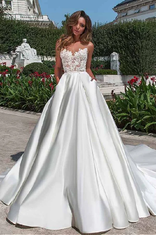 Charming Sheer Neckline A-line Lace Appliques Satin Wedding Dress With Pockets N1338 Open Back Dress