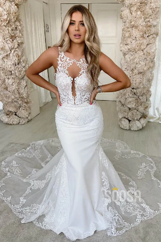 Chic Bateau Neck Lace Appliques Mermaid Wedding Dress Bridal Gown QW2093 Embroidered Wedding Dress