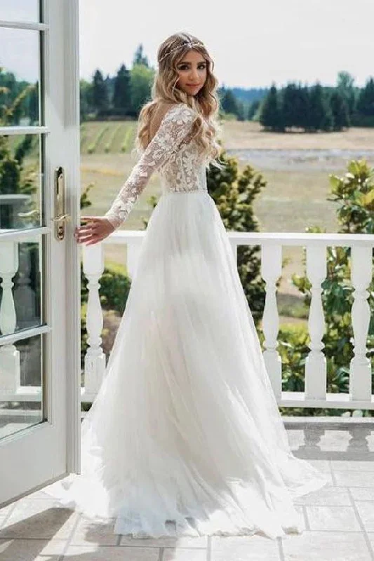 Chic Long Backless Ivory Wedding Dresses With Sleeves Charming Bridal Gown Full Length Gown