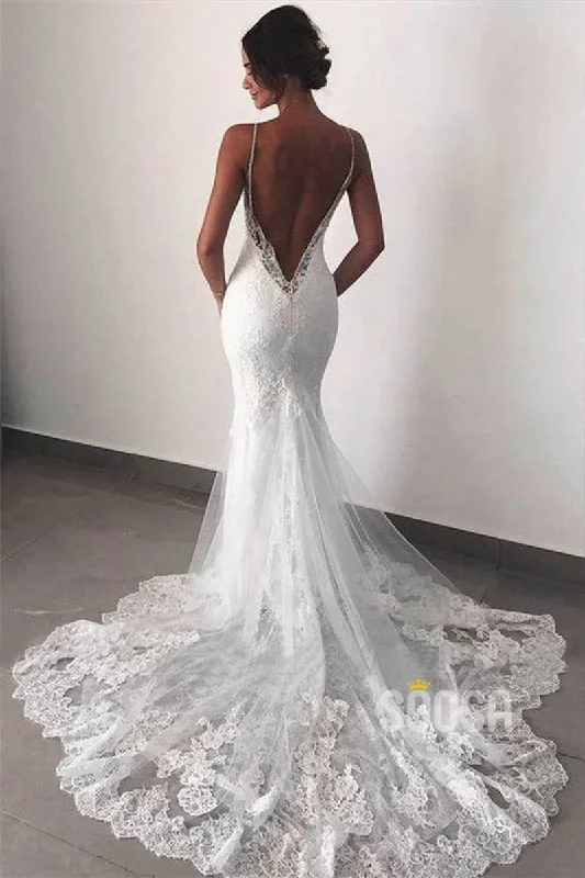 Chic Spaghetti Straps V-neck Lace Wedding Dress Backless Mermaid Wedding Gowns QW2092 Sleeveless Wedding Dress