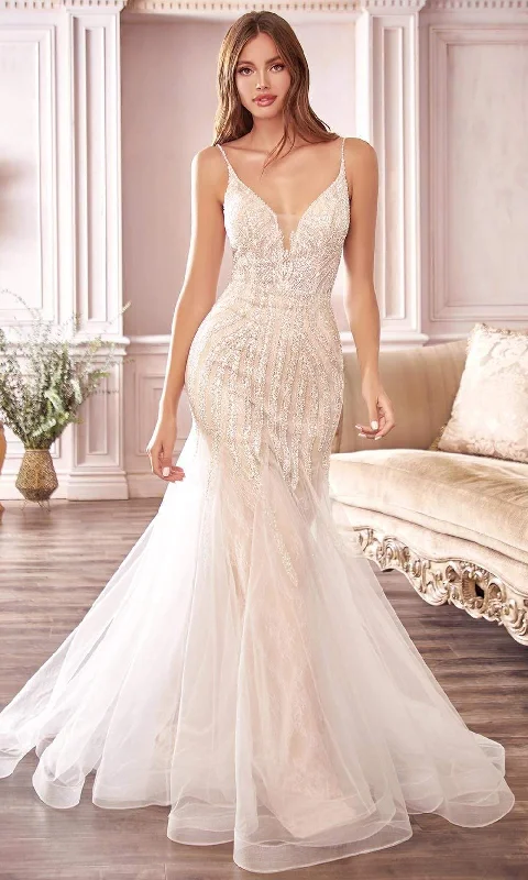 Cinderella Divine Bridal - Plunging V-Neck Embellished Mermaid Dress CDS401 Ruffled Wedding Dress