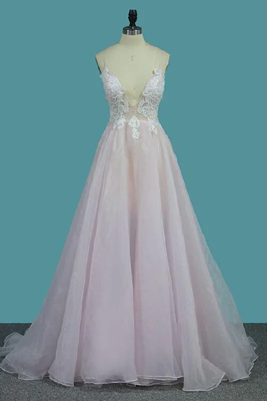 A Line Spaghetti Straps Deep V Neck Light Pink Appliques Sexy Prom Dress N946 Chic Wedding Gown