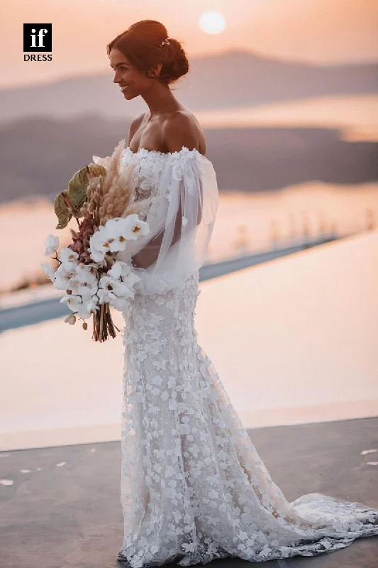 31572 - Attractive Off-Shoulder Long Sleeves Lace Appliques Wedding Dress Wedding Dress Long