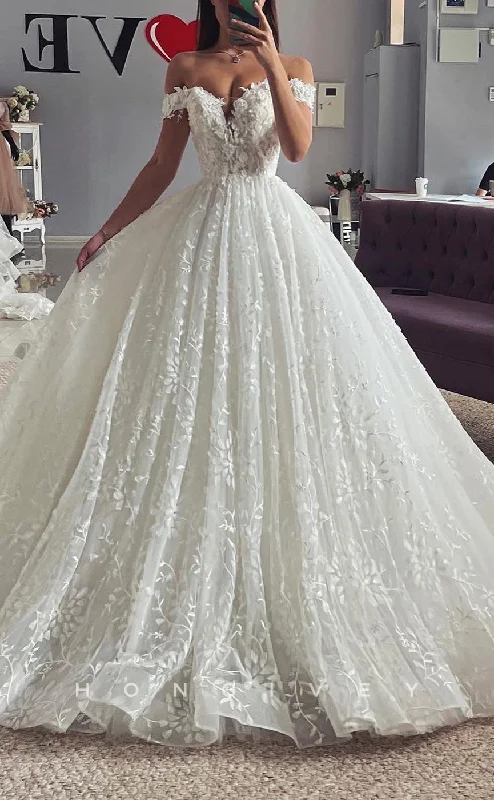 H1636 - Ornate Lace A-Line Sweetheart Off-Shoulder Empire Appliques With Train Wedding Dress Boho Wedding Gown