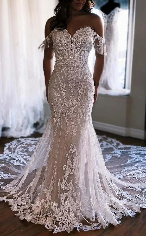 H1637 - Classic Lace Trumpet Sweetheart Off-Shoulder Empire Appliques With Train Boho Wedding Dress Full Skirt Gown