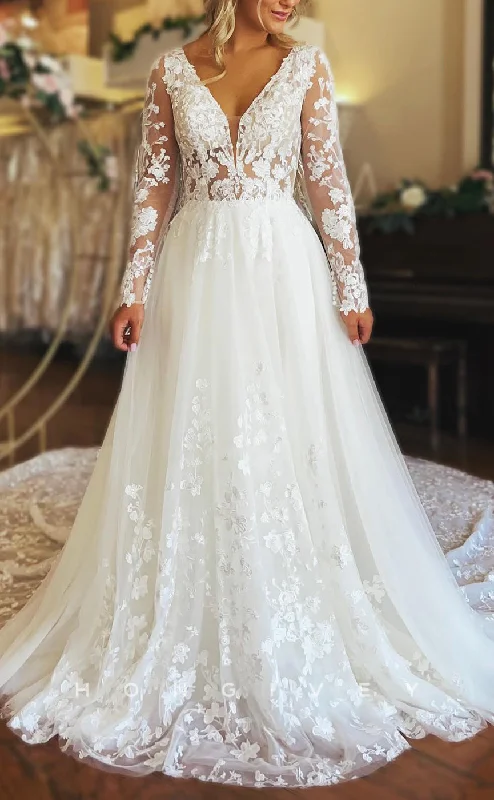 H1638 - Chic Tulle A-Line V-Neck Long Sleeve Illusion Empire Lace Applique With Tulle Train Wedding Dress Modern Lace Gown