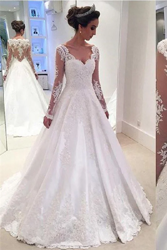 Elegant A-line V Neck Long Sleeves Wedding Dress With Appliques,N11 Vintage Style Dress