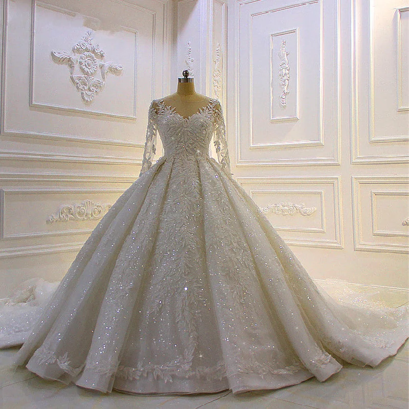 Long Sleeve Ball Gown Beaded Church Train Wedding Dress with Lace Appliques Simple Wedding Dress