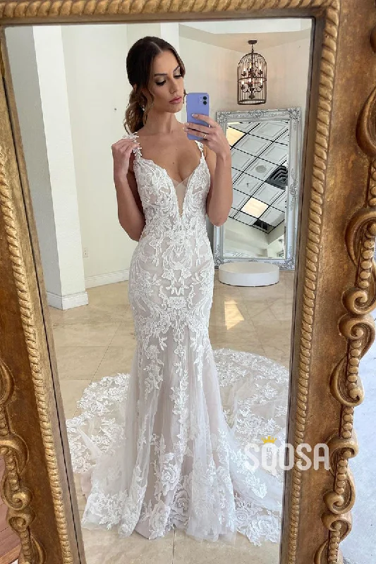 Attractive V-Neck Romantic Lace Appliques Mermaid Wedding Dress QW2090 Soft Satin Bridal