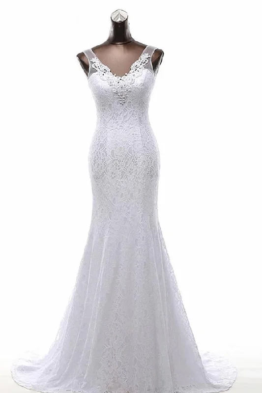 Mermaid V-neck Sweep Train Lace Wedding Dress With Beading Short Wedding Gown