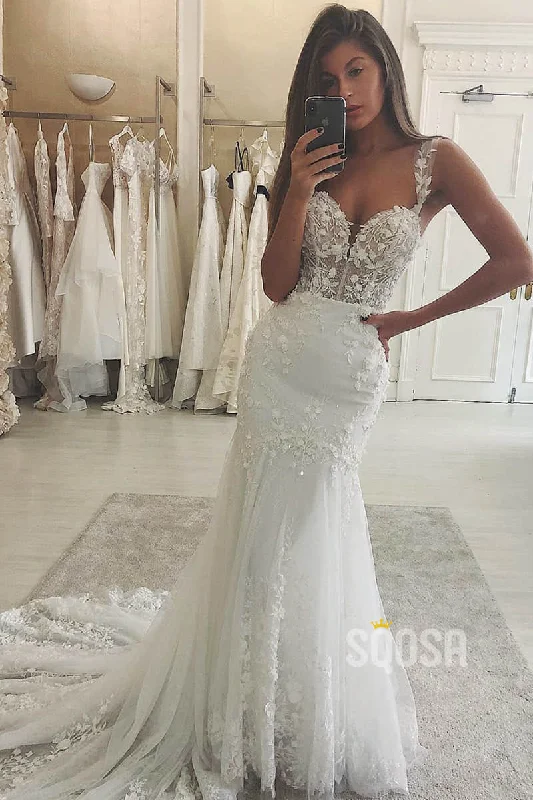 Mermaid Wedding Dress Double Straps Unique Lace Appliques Bridal Gowns QW2098 Princess Bridal Dress