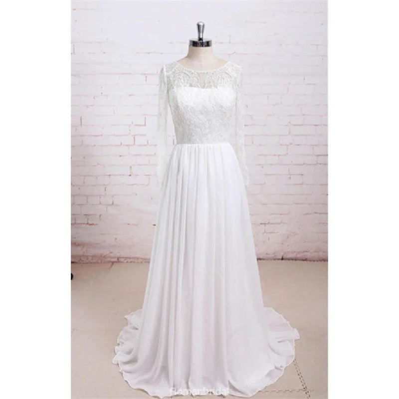 Newest Round Neck Long sleeves Lace Top Chiffon Simple Beach Wedding Dresses, WD0368 Lace Sleeveless Dress