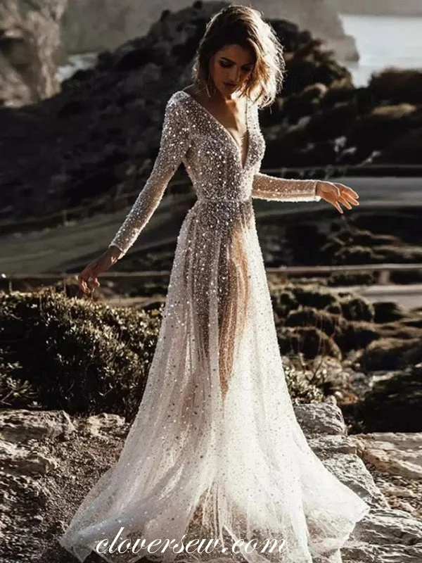 Shiny Sequined Tulle Long Sleeves See Through Beach Wedding Dresses, CW0302 Romantic Wedding Dress