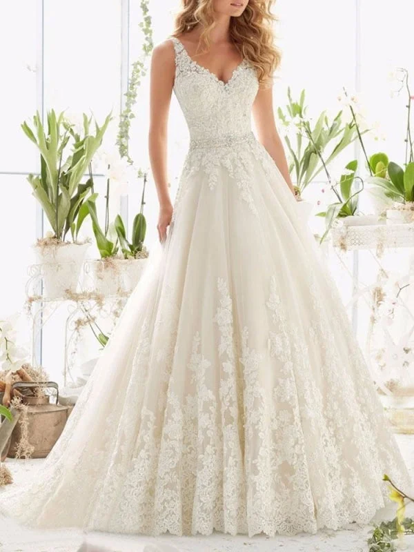 Wedding Dresses V Neck Sleeveless A Line Lace Embellishment Beaded Sash Bridal Dresses With Train Sleek Wedding Dress