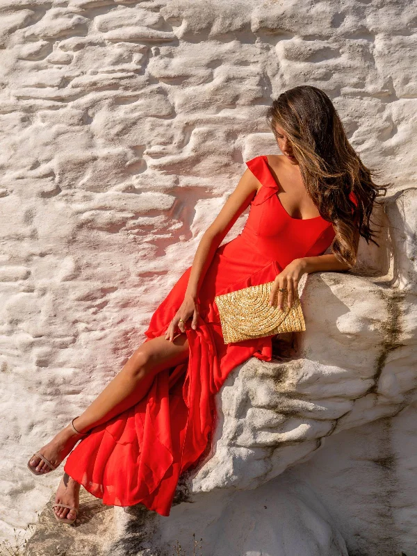 Bella Ruffle Detail Maxi Dress in Red Street style maxi dresses