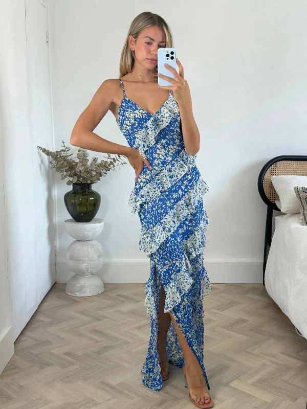 Cordelia Frill Maxi Dress in Blue Edgy maxi dresses