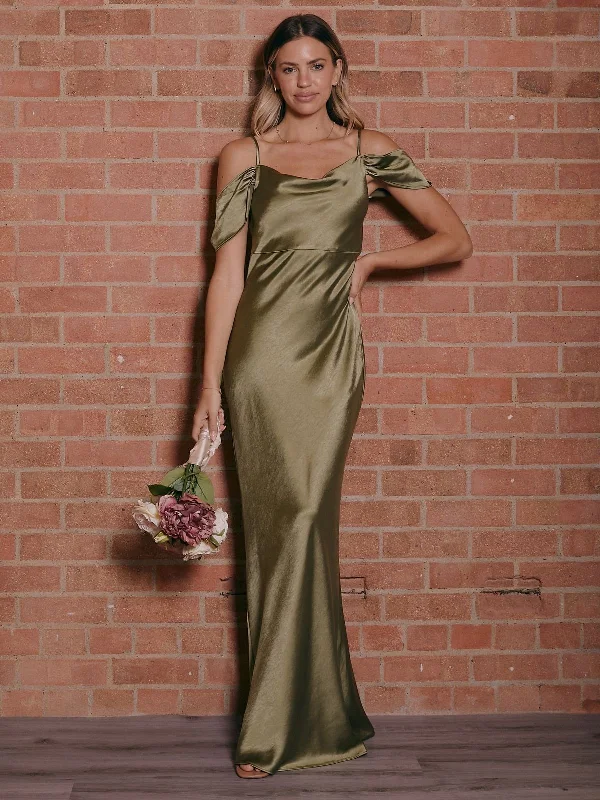 Cowl Neck Maxi Satin Bridesmaid Dress / Olive Green Designer maxi dresses