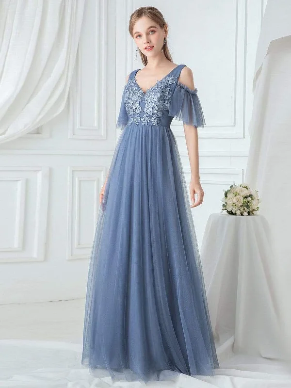 Cold Shoulder Maxi Long Applique Bridesmaid Dress with Ruffle Sleeves Vacation maxi dresses