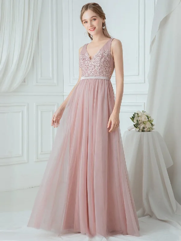 V-Neck Maxi Long Embroidery Appliqued Tulle Bridesmaid Dress Cocktail maxi dresses