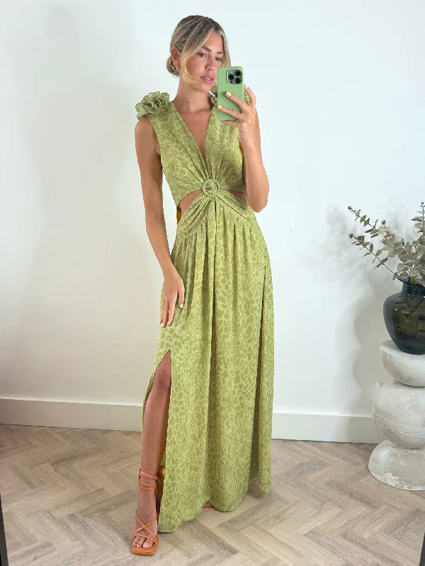 Layla Maxi dress with shoulder corsage / Green Animal Holiday maxi dresses