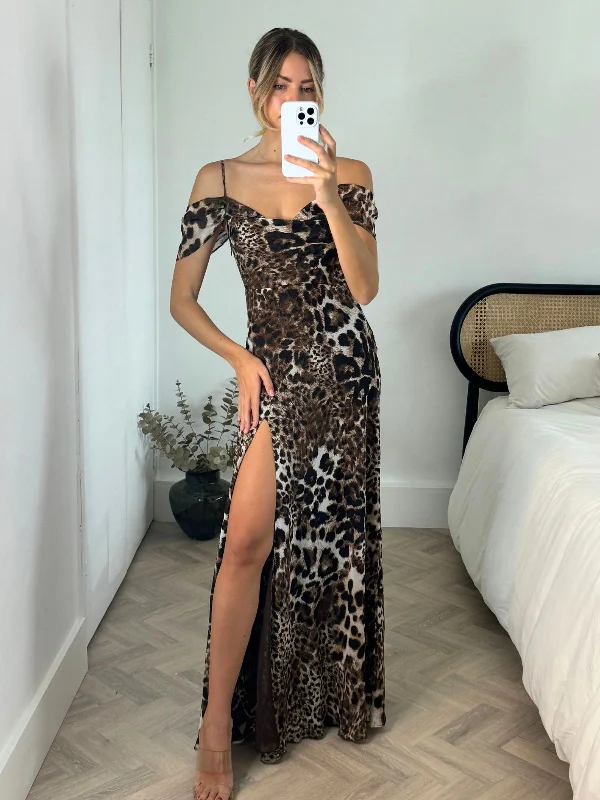 Tasmin Cold Shoulder Maxi Dress in Animal Satin maxi dresses