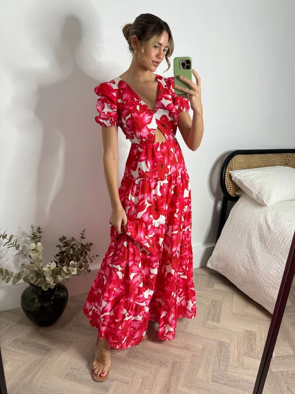 Zoe Tiered Cutout Maxi Dress / Red & White High-end maxi dresses