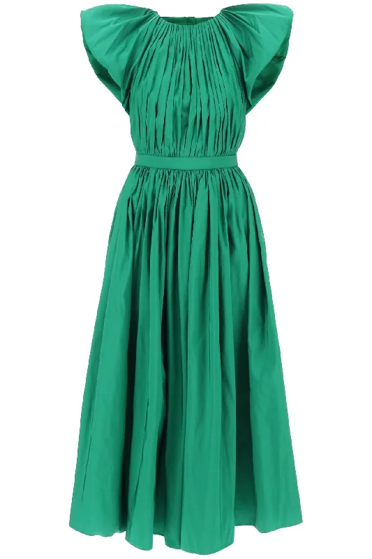 Pleated Open Back Midi Dress  - Green Vacation midi dresses