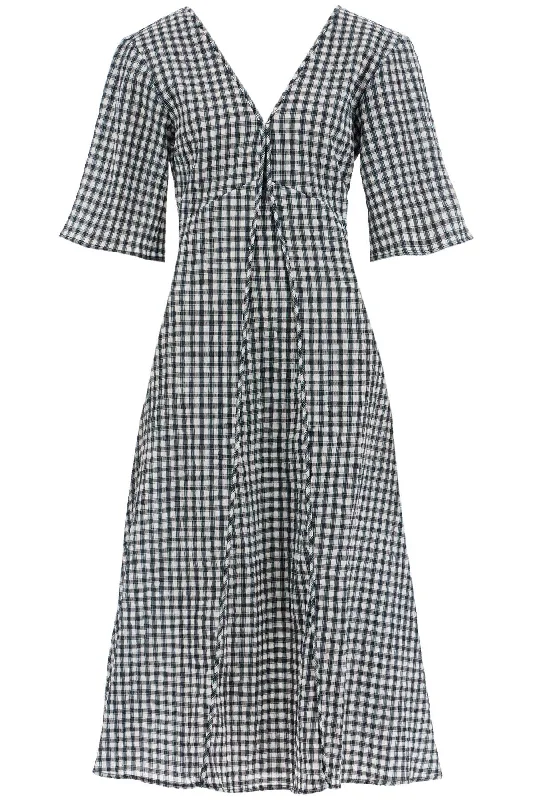 Midi Seersucker Check Dress  - White Women's trendy midi dresses sale