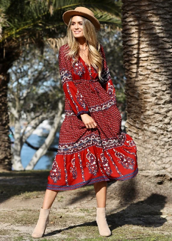 Call It Love Midi Dress - Burgundy Paisley Casual midi dresses