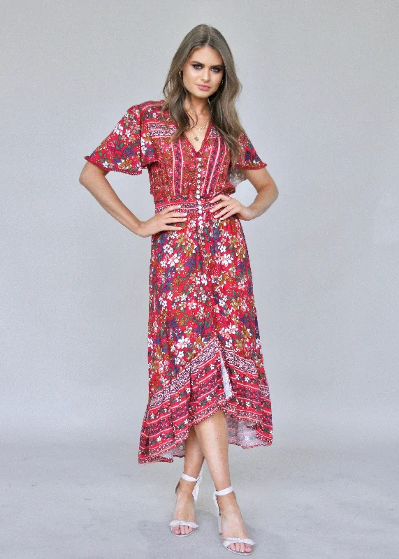 Leaving California Midi Dress - Red Floral Off-shoulder midi dresses