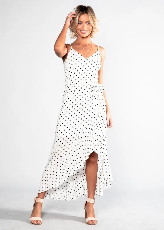 Sweet Fling Midi Dress - White Polka Flowy midi dresses