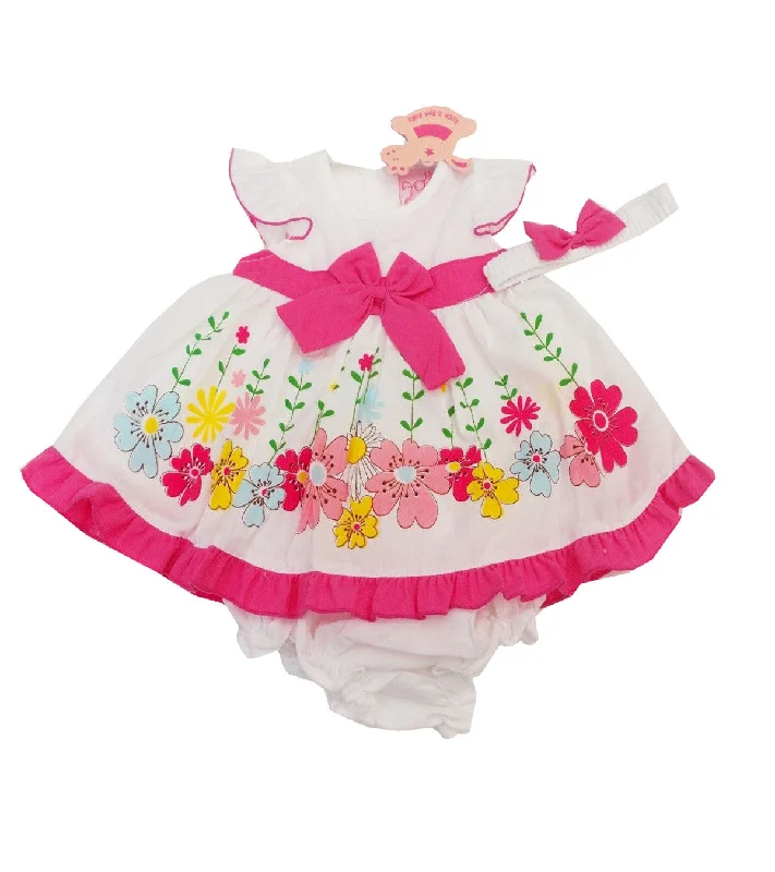 Baby Girls 3 Piece Floral Bow Dress Set Knickers & Bow Headband Age 6-24 M Discounted floral dresses