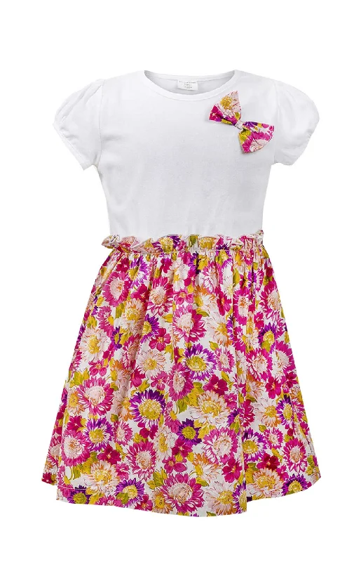 Ex Chain Store Girls Floral Bow Detail Elasticated Waist Dress Age 1 to 8 Years Affordable floral dresses