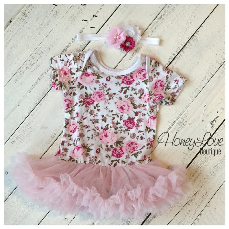 Floral Bodysuit Tutu Dress with matching headband Smocked floral dresses