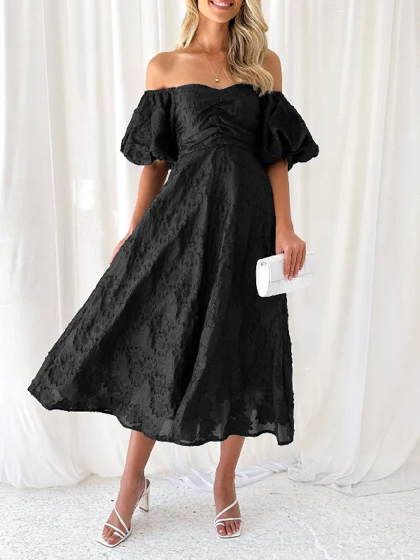 Off the shoulder puff sleeve floral jacquard swing dress: Black Must-have floral dresses for this season