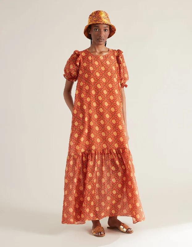 Robyn Orange Portrait Print Silk Voile Dress Best floral dresses for beach vacations