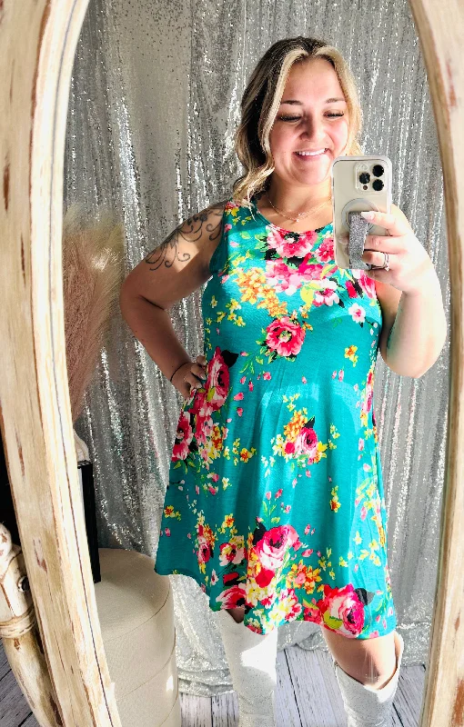 Teal Floral Tank Dress With Pockets Long floral dresses