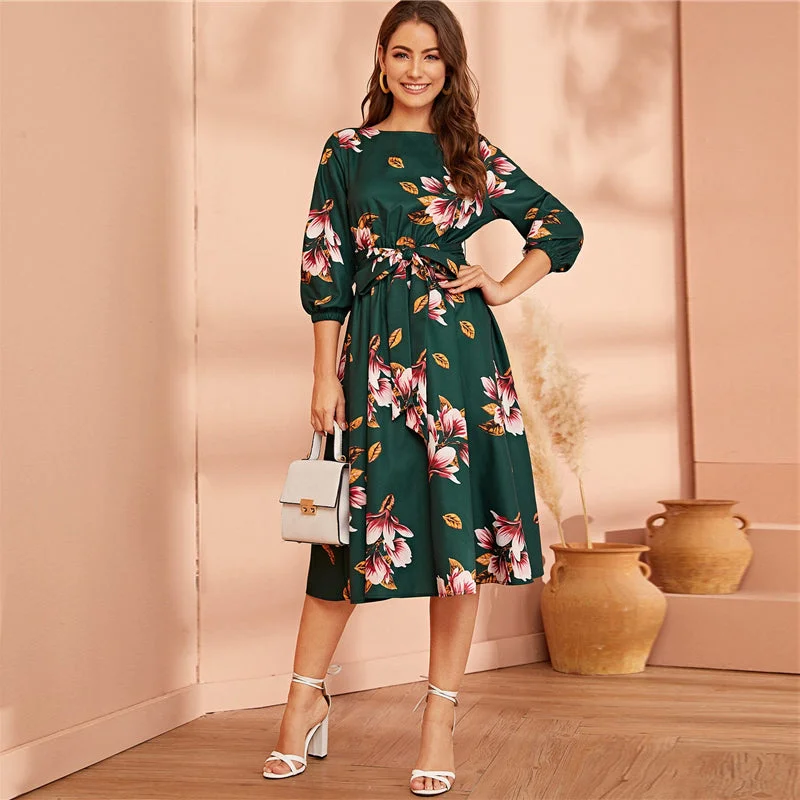 Women's Summer A-Line Belted High-Waist Floral Dress Wedding guest floral dresses