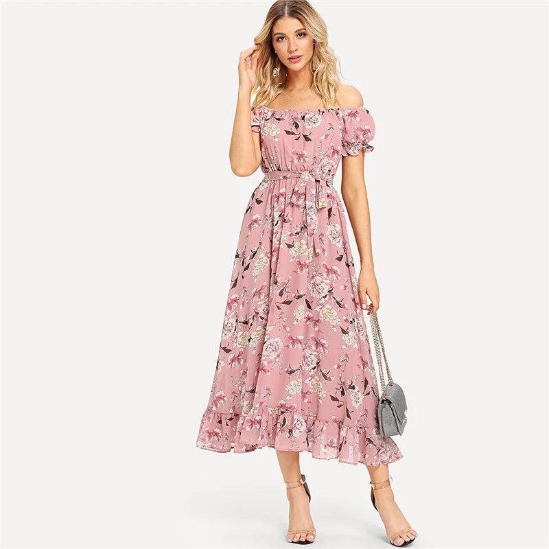 Women's Summer A-Line Long Floral Off-Shoulder Dress Lace floral dresses