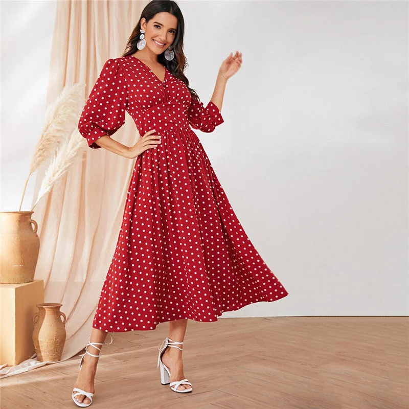 Women's Summer A-Line V-Neck Long Dress With Polka Dot Print Spring floral dresses