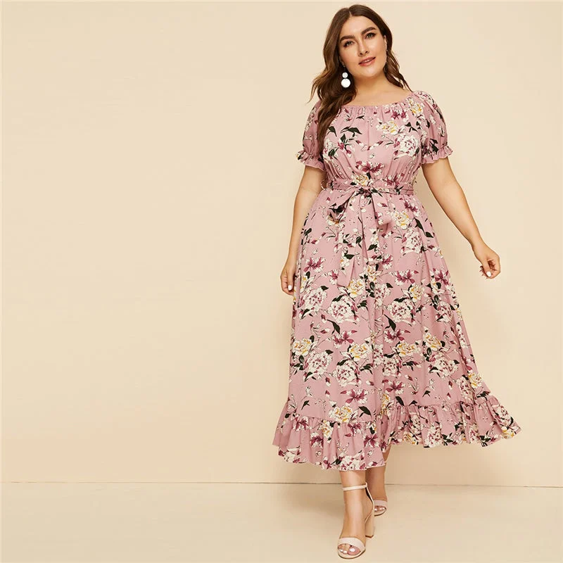 Women's Summer Floral Belted Dress With Ruffles | Plus Size Vacation floral dresses