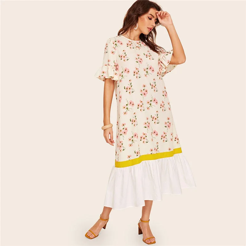 Women's Summer Floral Flounce-Sleeved Dress With Ruffles Casual floral dresses