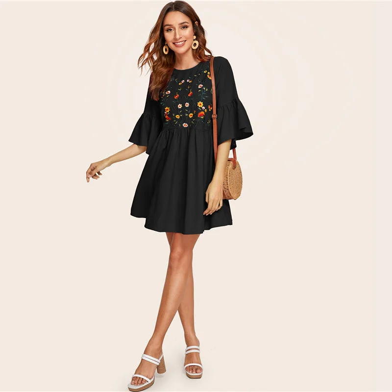 Women's Summer O-Neck High-Waist Floral Loose Dress Satin floral dresses