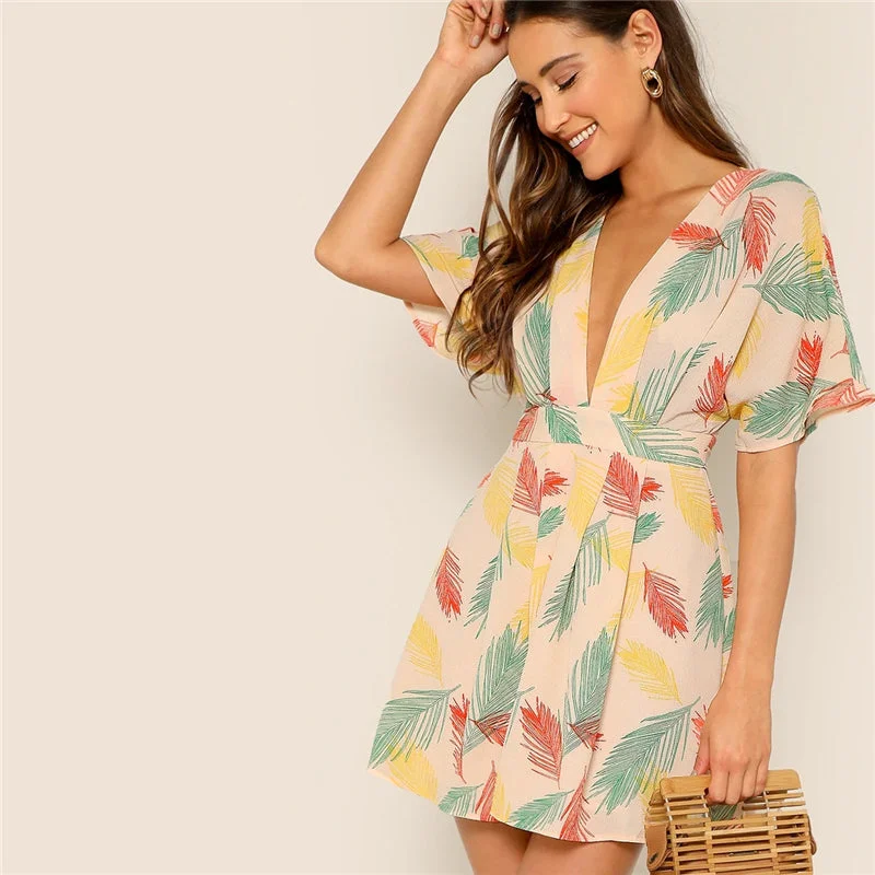 Women's Summer V-Neck Short-Sleeved Dress With Print Floral dresses under $100