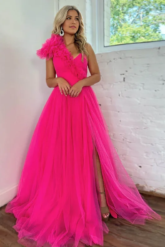 A-Line Hot Pink One Shoulder Tulle Long Prom Dress with Slit Printed Long Skirt