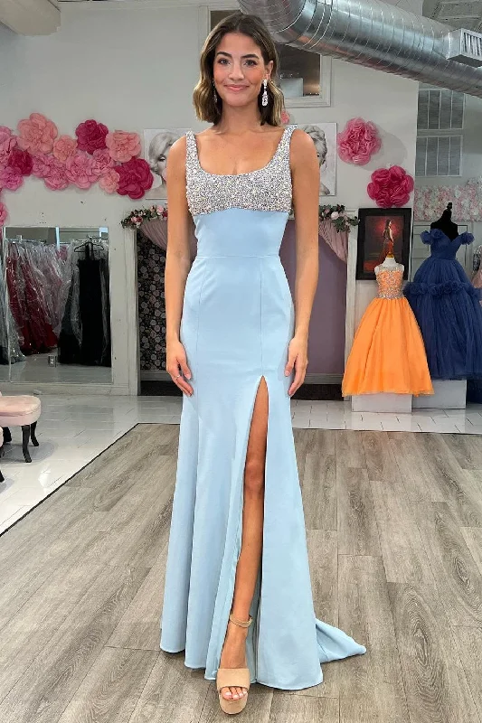 Beaded Square Neck Mermaid Long Prom Dress with Slit Floral Maxi Skirt